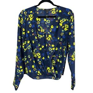 Halogen Faux Wrap Navy Blue Neon Yellow Floral Women’s Blouse Size Medium